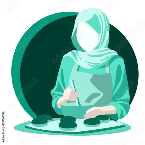 Young Islamic Girl Illustration Making Donuts in the Kitchen for Sale Vector Flat Design