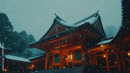 Gentle snowfall blanketing a traditional japanese temple at dusk serene winter landscape captured in tranquil evening light