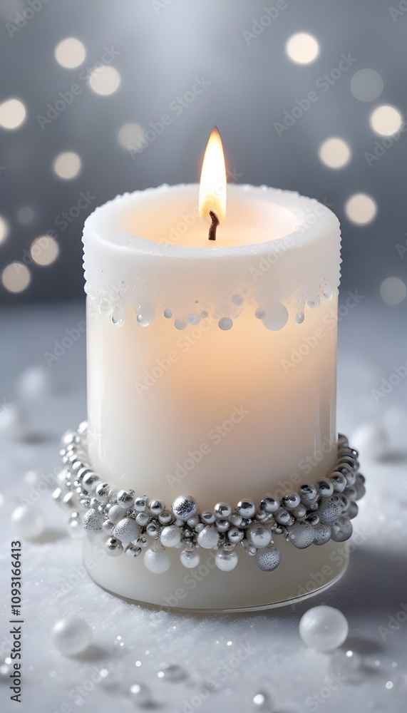 Glowing White Candle with Silver Accents and Frosted Beads in Snow Glowing White Candle with Silver Accents and Frosted Beads in Snow