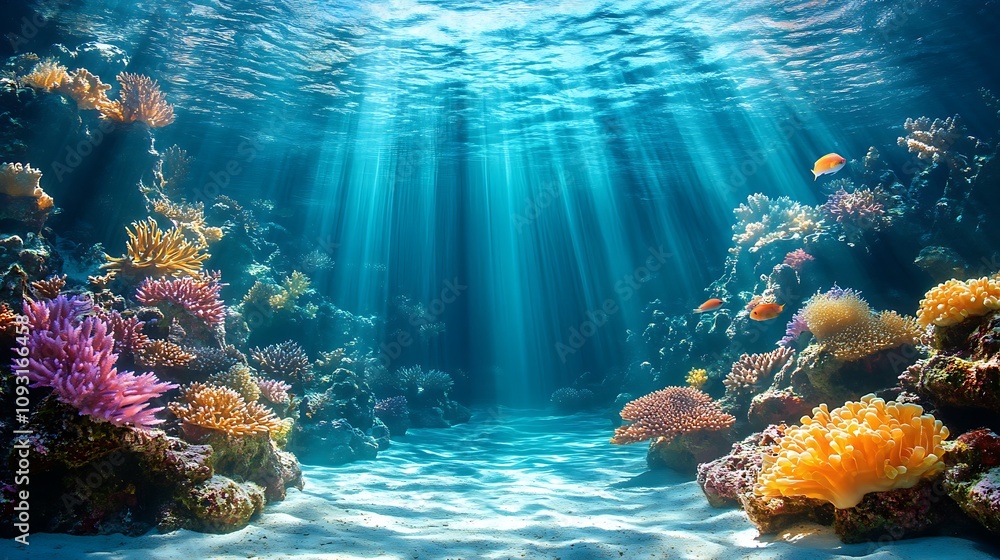 Naklejka premium Radiant beams of sunlight streaming into a serene underwater blue ocean environment