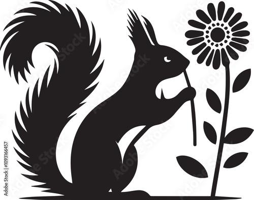 A squirrel sniffing a flower with an inquisitive posture silhouette vector