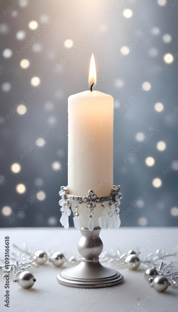 Glowing White Candle with Silver Accents and Frosted Beads in Snow Glowing White Candle with Silver Accents and Frosted Beads in Snow