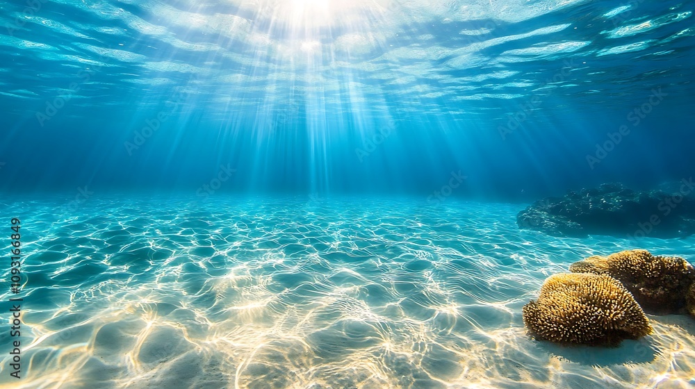 Submerged ocean environment illuminated by sunbeams in vibrant clear blue water Submerged ocean environment illuminated by sunbeams in vibrant clear blue water
