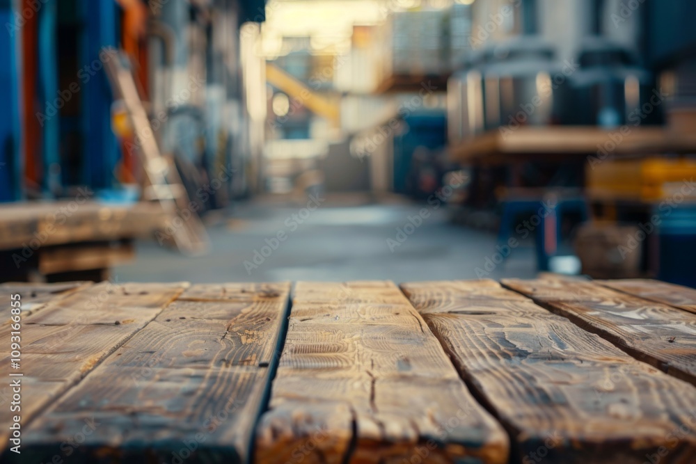 Wood table in warehouse storage with blurred background Wood table in warehouse storage with blurred background