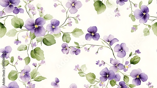 Seamless floral pattern with watercolor pastel violets, soft lavender hues, delicate muted green leaves, loose hand-drawn style, intricate details, airy and elegant composition, natural textures,