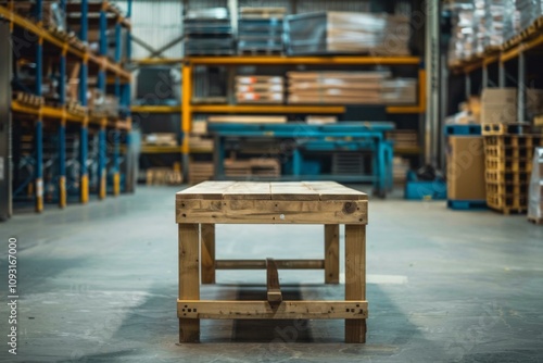 Wood table in warehouse storage with blurred background