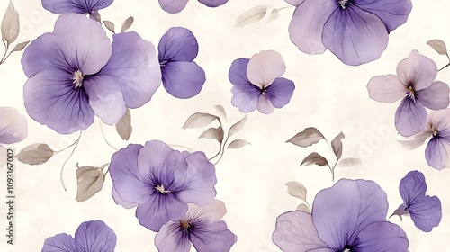 Seamless floral pattern with watercolor pastel violets, soft lavender hues, delicate muted green leaves, loose hand-drawn style, intricate details, airy and elegant composition, natural textures,