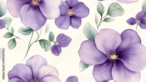 Seamless floral pattern with watercolor pastel violets, soft lavender hues, delicate muted green leaves, loose hand-drawn style, intricate details, airy and elegant composition, natural textures,
