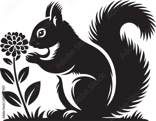 A squirrel sniffing a flower with an inquisitive posture silhouette vector