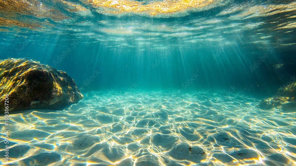 Obraz premium Submerged ocean environment illuminated by sunbeams in vibrant clear blue water