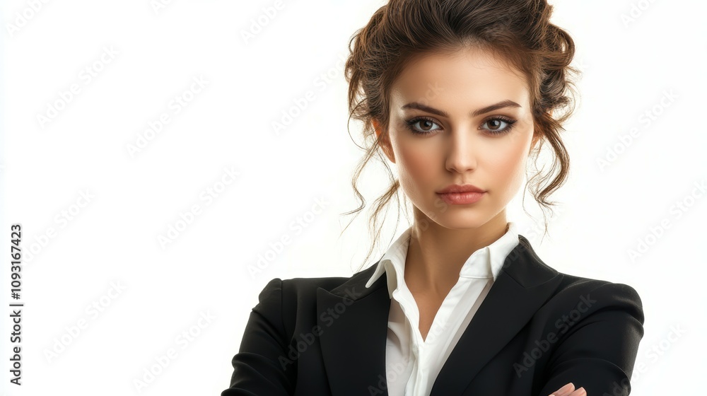 Confident businesswoman in formal attire on a white background for professional empowerment imagery Confident businesswoman in formal attire on a white background for professional empowerment imagery