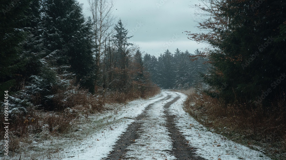 Snow covered path winds through a winter forest Snow covered path winds through a winter forest
