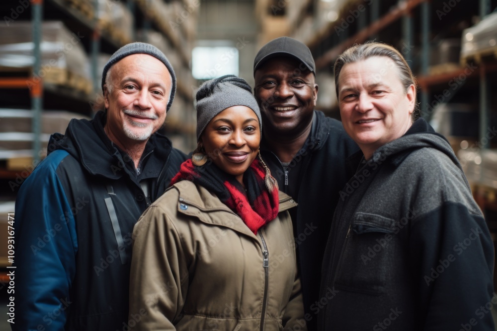 Group portrait of diverse middle aged warehouse workers Group portrait of diverse middle aged warehouse workers