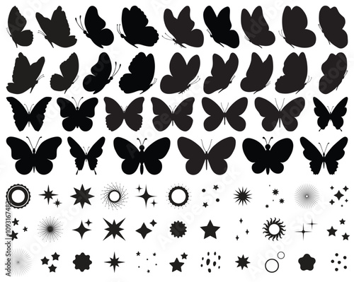 Set of black butterflies, collection of silhouettes.Butterfly black color, flying shape, vector design.Abstract modern monarch butterfly contours for decoration.Magical sparkle, glow, stars, shine set