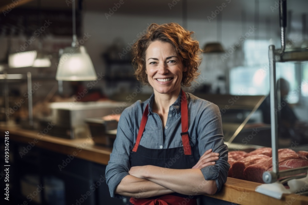 Obraz premium Portrait of a middle aged female butcher in a butcher shop