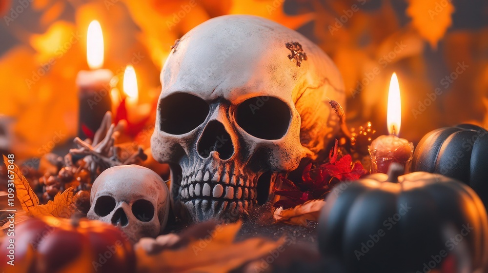 festive Halloween background with skull decorations and shallow depth of field festive Halloween background with skull decorations and shallow depth of field