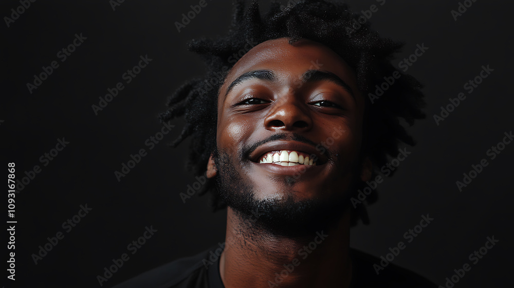 Portrait of African American man with joyful smile, showcasing confidence and positivity against dark background. His natural hair adds to vibrant expression Portrait of African American man with joyful smile, showcasing confidence and positivity against dark background. His natural hair adds to vibrant expression