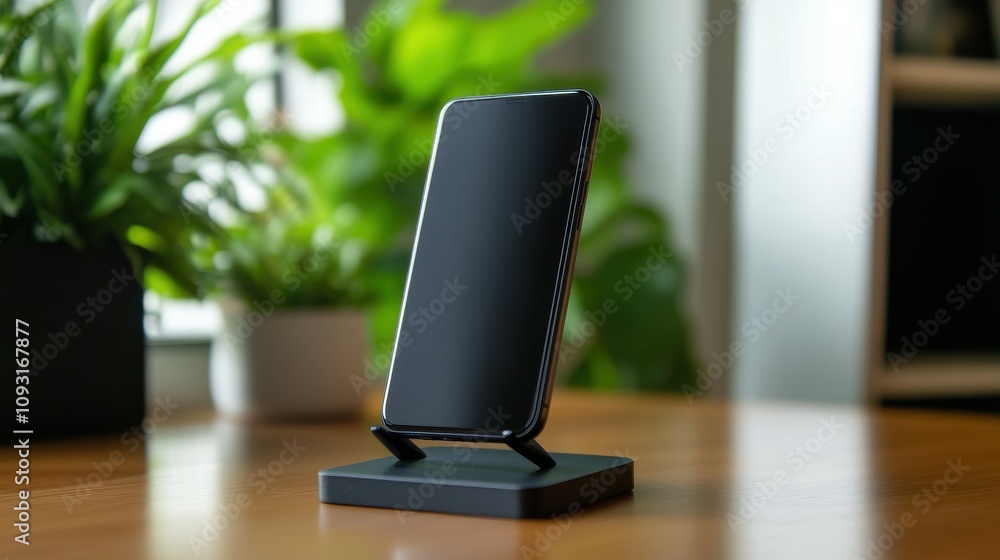 Showcasing a modern minimalist smartphone stand with a phone in a contemporary workspace for sleek technology integration Showcasing a modern minimalist smartphone stand with a phone in a contemporary workspace for sleek technology integration