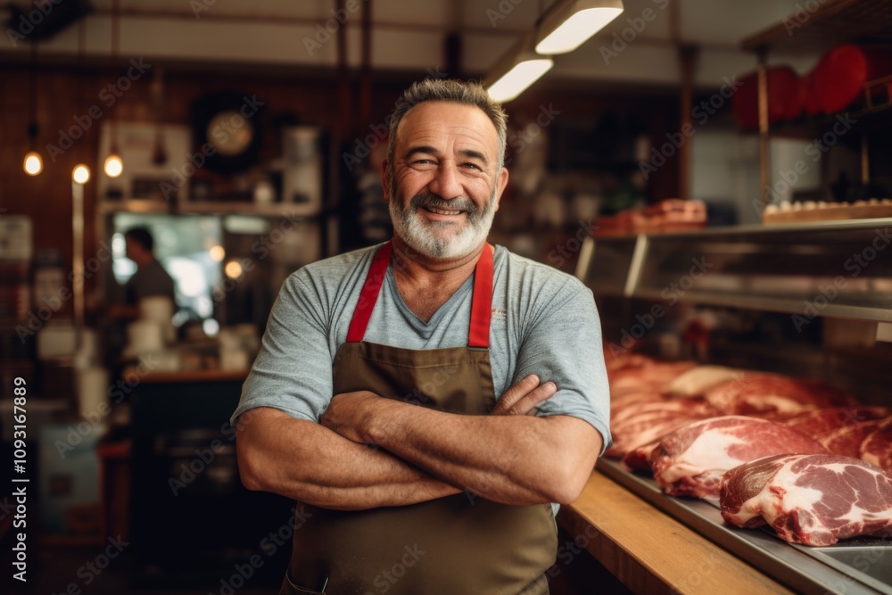 Portrait of a middle aged female butcher in a butcher shop Portrait of a middle aged female butcher in a butcher shop