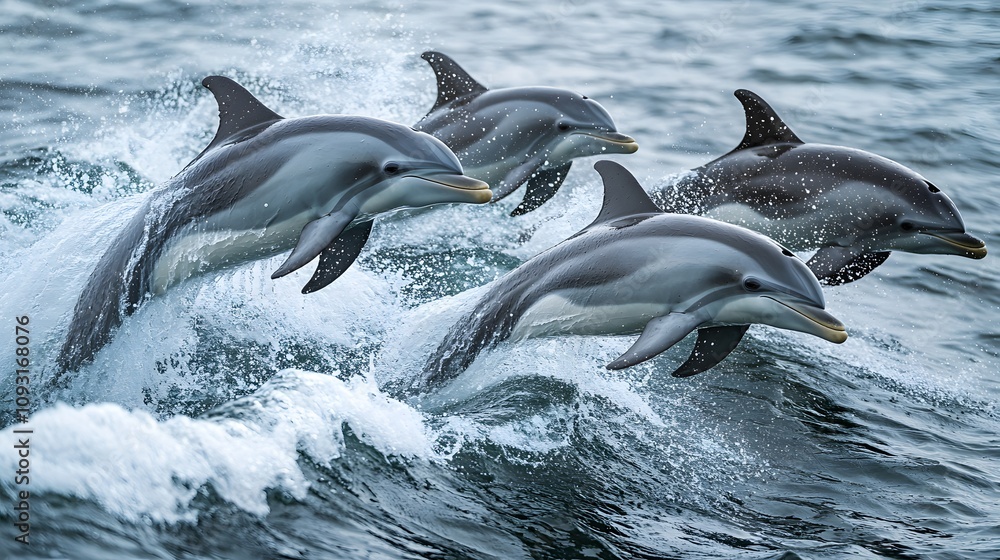 Fototapeta premium Dolphins leap through the ocean waves, a stunning display of marine wildlife