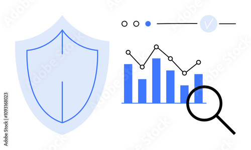 Shield icon, bar chart with connecting line, magnifying glass, and indicators. Ideal for cybersecurity, data analysis, secure data management, analytics, financial review performance tracking