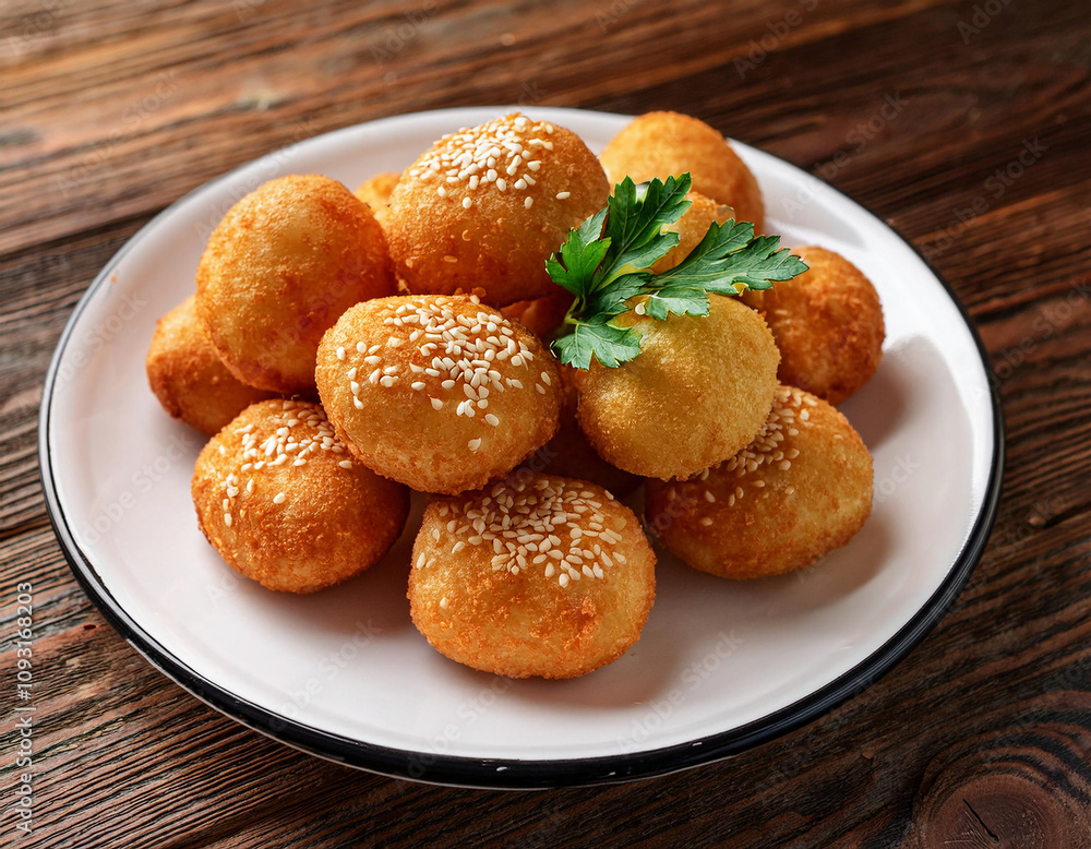Golden-brown fried dough balls or pastries topped with sesame seeds and garnished with fresh parsley are arranged on a white plate. Golden-brown fried dough balls or pastries topped with sesame seeds and garnished with fresh parsley are arranged on a white plate.