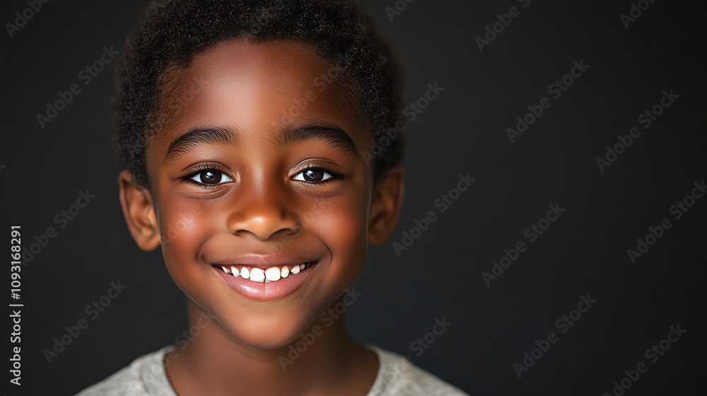 young African American boy smiles brightly, showcasing his joyful expression and curly hair against dark background. His happiness radiates warmth and innocence young African American boy smiles brightly, showcasing his joyful expression and curly hair against dark background. His happiness radiates warmth and innocence
