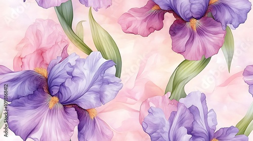 Seamless pattern of pastel watercolor irises, soft flowing petals in delicate pinks and purples, lush green leaves, dreamy and airy design, hand-painted style, fluid brush strokes,