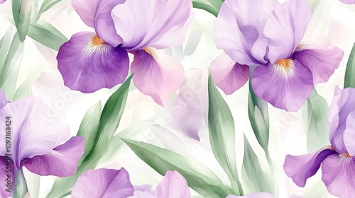 Seamless pattern of pastel watercolor irises, soft flowing petals in delicate pinks and purples, lush green leaves, dreamy and airy design, hand-painted style, fluid brush strokes,