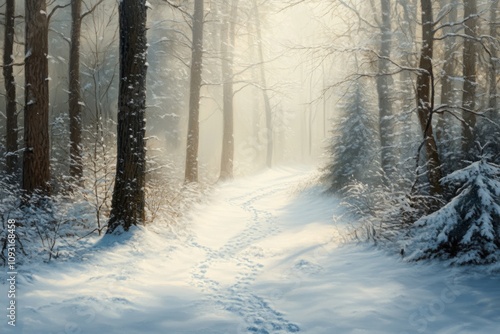 Sunlit Winter Path Through A Snowy Forest photo