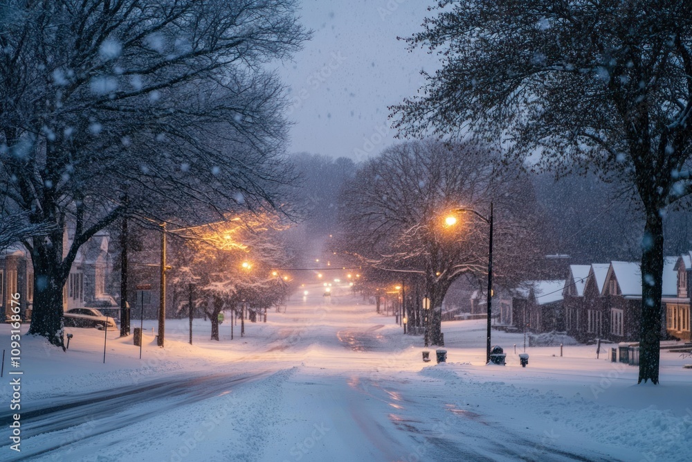 Snowfall on a Residential Street at Dusk Snowfall on a Residential Street at Dusk