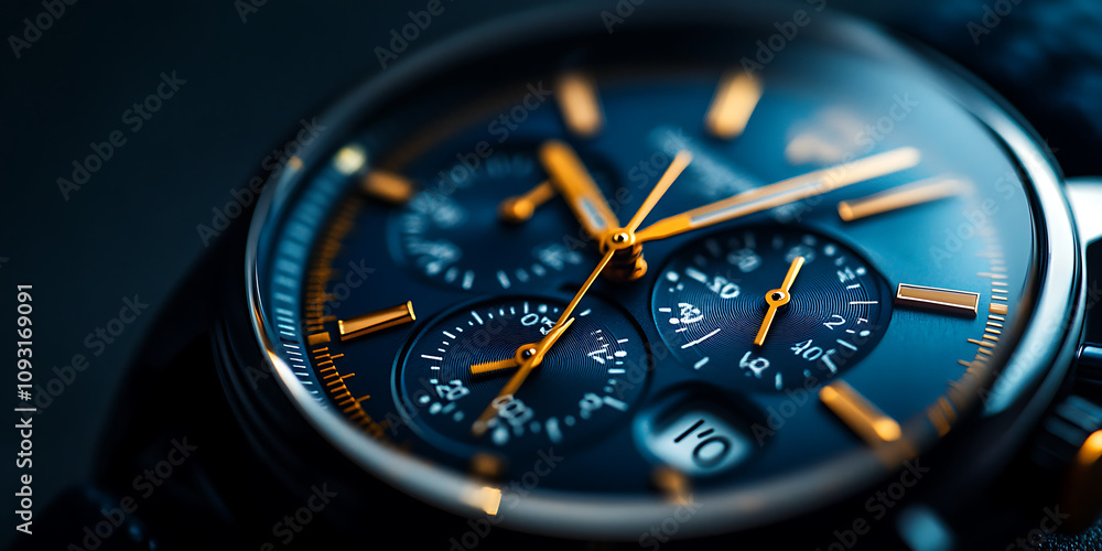 Elegant close up of luxury watch with blue dial and gold accents, showcasing intricate details and craftsmanship. Perfect for timepiece enthusiasts Elegant close up of luxury watch with blue dial and gold accents, showcasing intricate details and craftsmanship. Perfect for timepiece enthusiasts