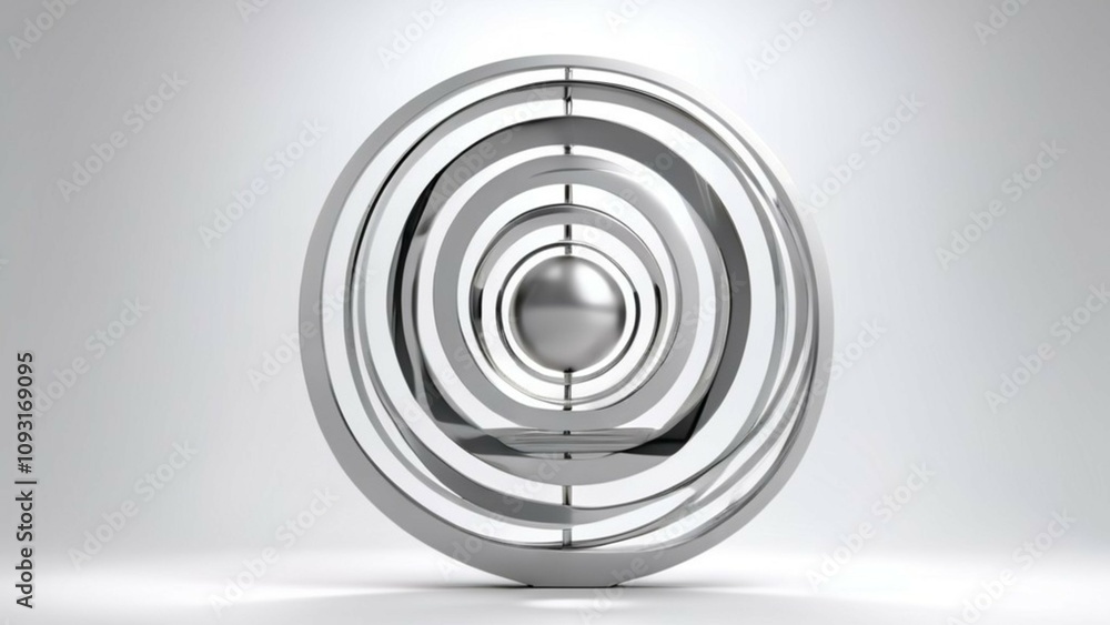 Fototapeta premium Silver metal mouse, steel spiral design, geometric light tunnel, 3D vector illustration