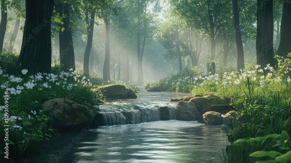 Tranquil waters flowing gentle forest stream serenity nature's embrace outdoor photography immersive perspective Tranquil waters flowing gentle forest stream serenity nature's embrace outdoor photography immersive perspective