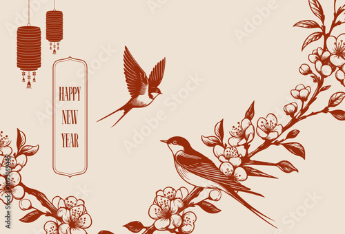 Elegant cherry blossom branch with swallow on vintage style background