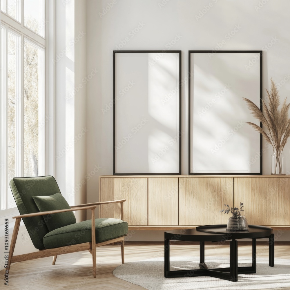 Fototapeta premium Modern Minimalist Apartment with Light Oak Cabinets, Green Armchair, and Natural Sunlight