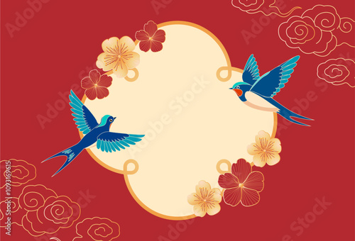 Swallow bird vector with cherry blossom flower new year banner