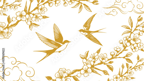 Golden swallow bird vector with cherry blossom branch wallpaper