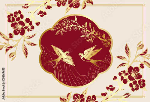Luxury swallow bird vector with cherry blossom branch  banner