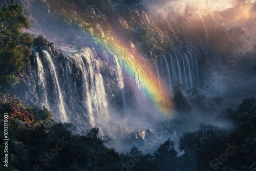Wallpaper Mural Majestic Waterfall Cascading Down Rocky Cliffs With Rainbow Torontodigital.ca