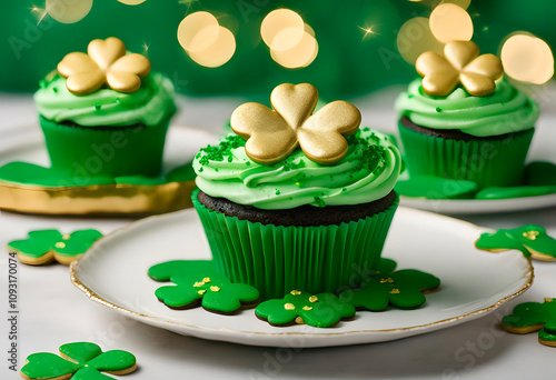 Cupcakes decorated with green buttercream and craft felt decorations in form of shamrock leaves photo