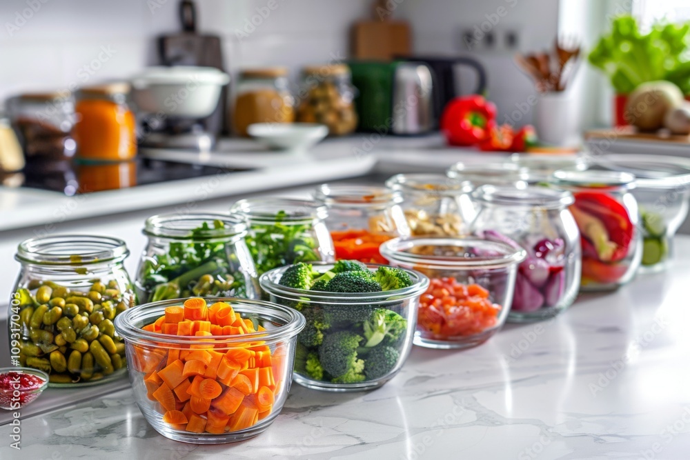 Freshly chopped vegetables displayed in clear bowls Freshly chopped vegetables displayed in clear bowls