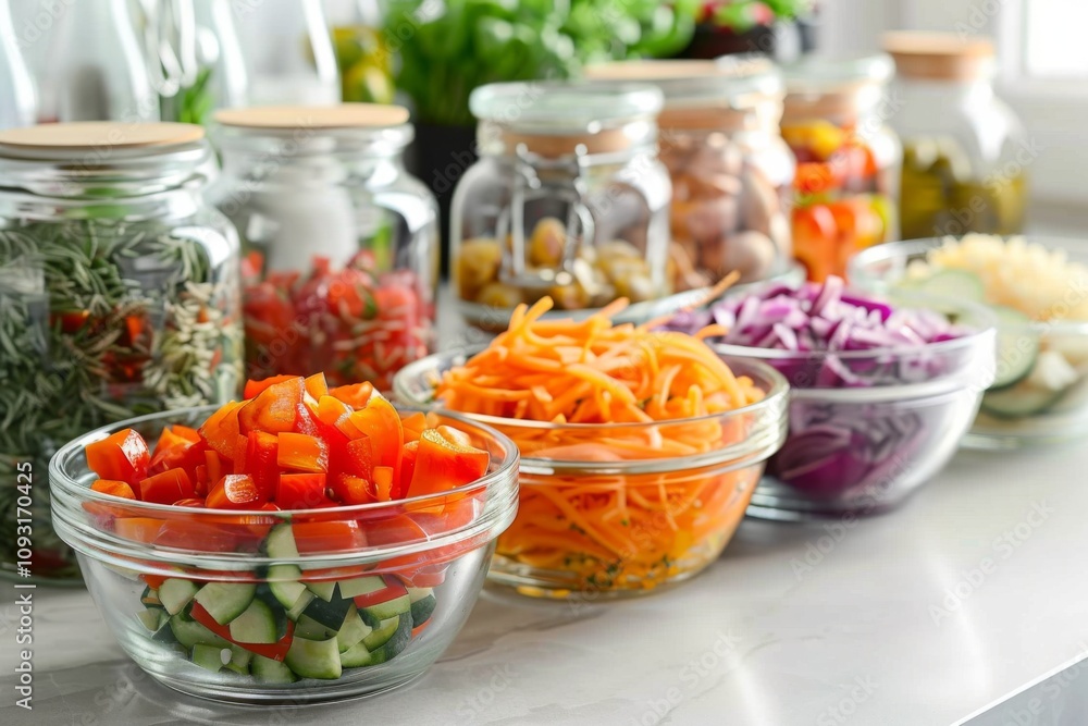 Freshly chopped vegetables displayed in clear bowls Freshly chopped vegetables displayed in clear bowls