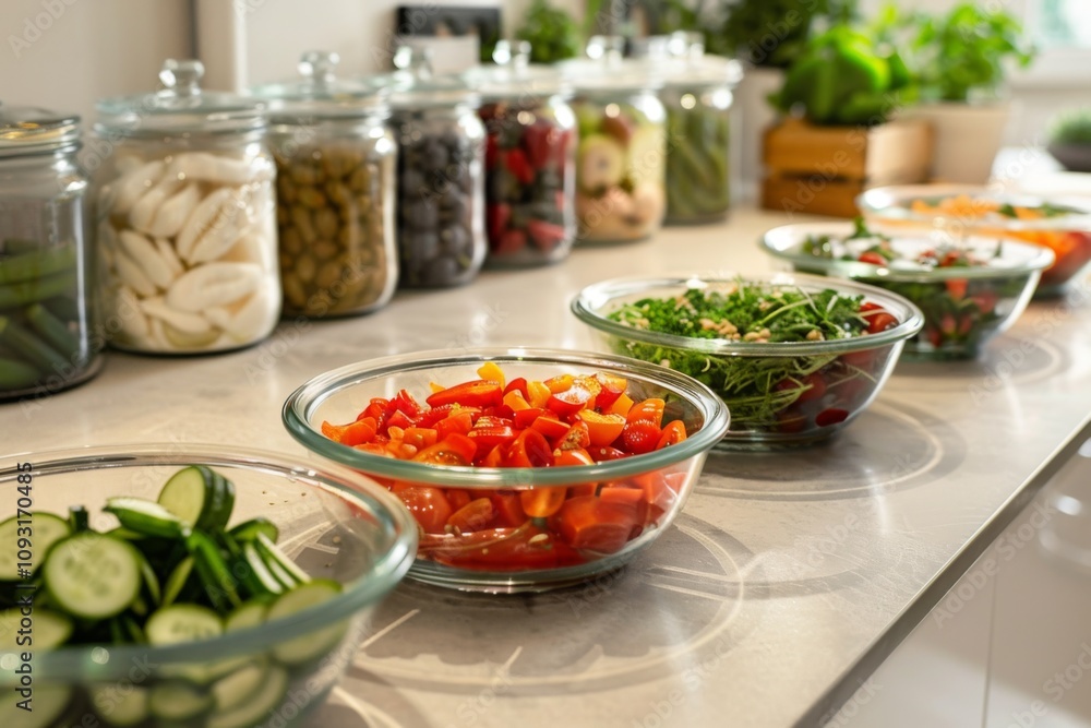 Freshly chopped vegetables displayed in clear bowls Freshly chopped vegetables displayed in clear bowls