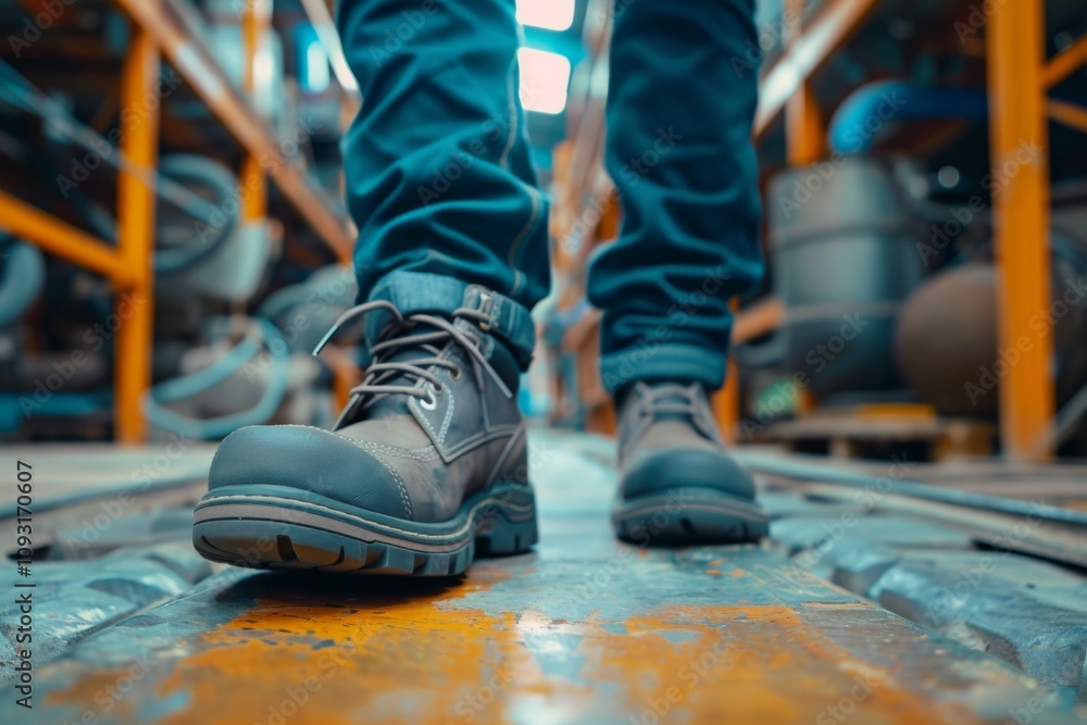 Close up of safety workers shoes in factory Close up of safety workers shoes in factory