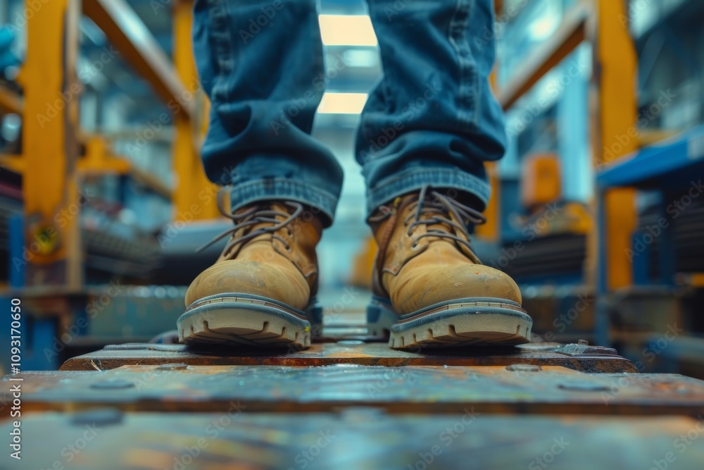 Close up of safety workers shoes in factory Close up of safety workers shoes in factory