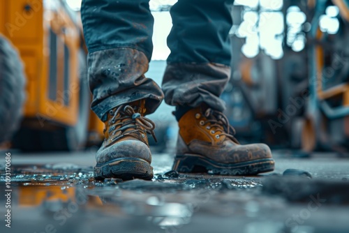 Close up of safety workers shoes in factory