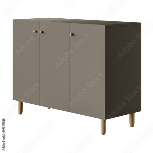 A grey cabinet with three doors and three drawers