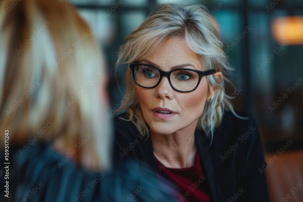 Middle aged professional businesswoman wearing glasses talking to colleague in office