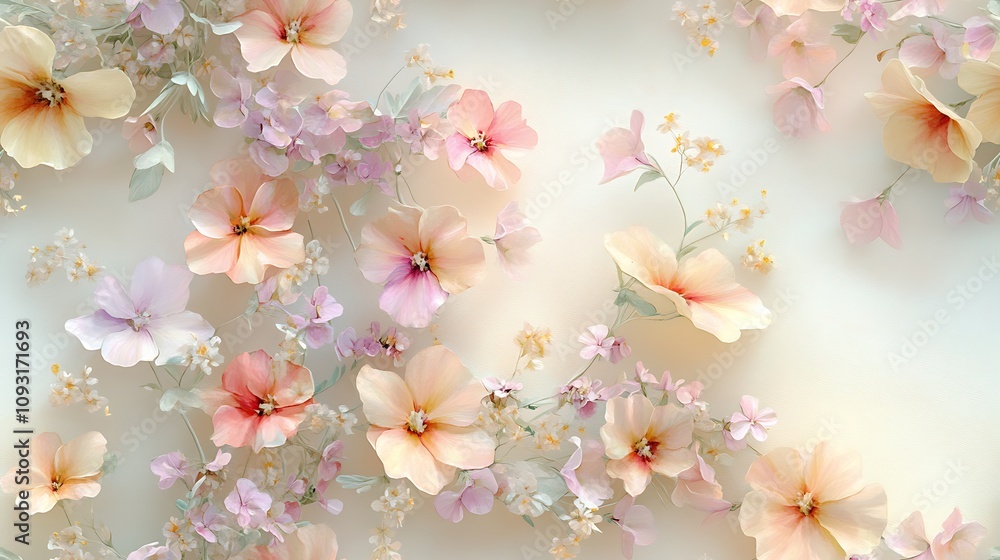Fototapeta premium Seamless watercolor design of pastel floral wreaths, light pinks, lilac, and soft yellow blooms, delicate green leaves, airy and intricate composition, hand-drawn texture, fluid brush strokes,
